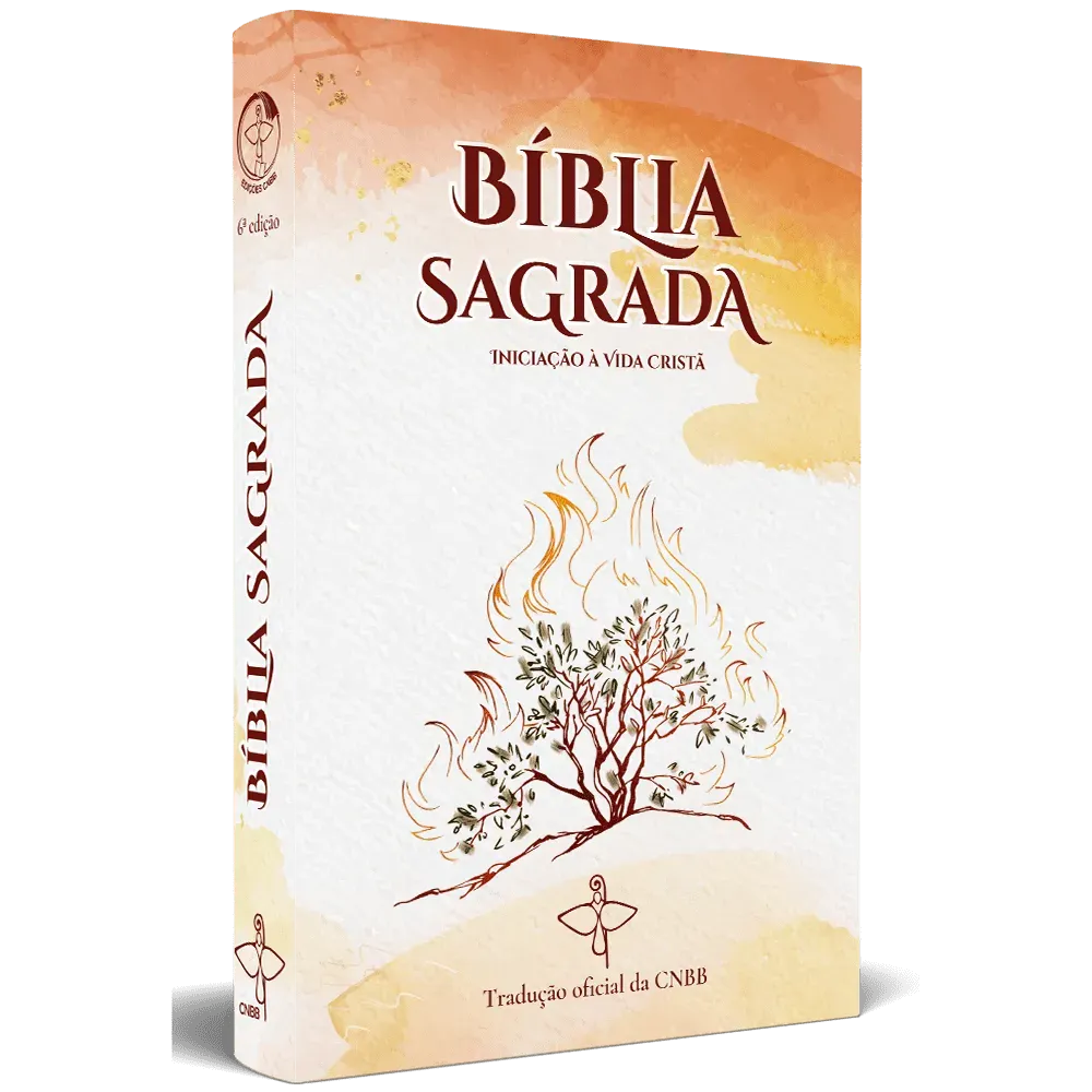 Capa da Bíblia Sagrada com destaque para o título "Dei Verbum", símbolo de fé católica, e uma ilustração de uma árvore com fogo ao fundo, representando a revelação divina.