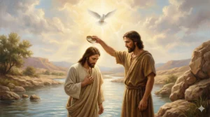 Cena do batismo de Jesus nas margens do rio Jordão.