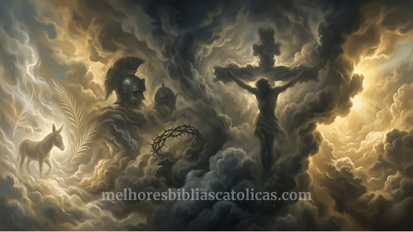 Pintura renascentista clássica de Jesus entrando em Jerusalém no Domingo de Ramos com a visão mística da coroa de espinhos nas nuvens, ilustração católica clássica.