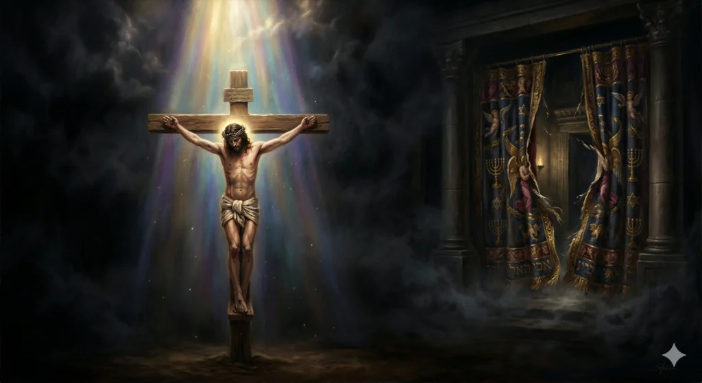Jesus na cruz, em um momento de escuridão total, e a cortina do Templo se rasgou.