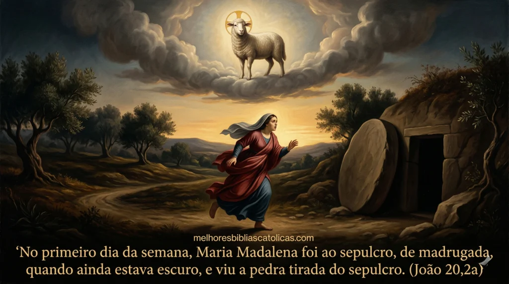 Maria Madalena correndo com urgência ao amanhecer.