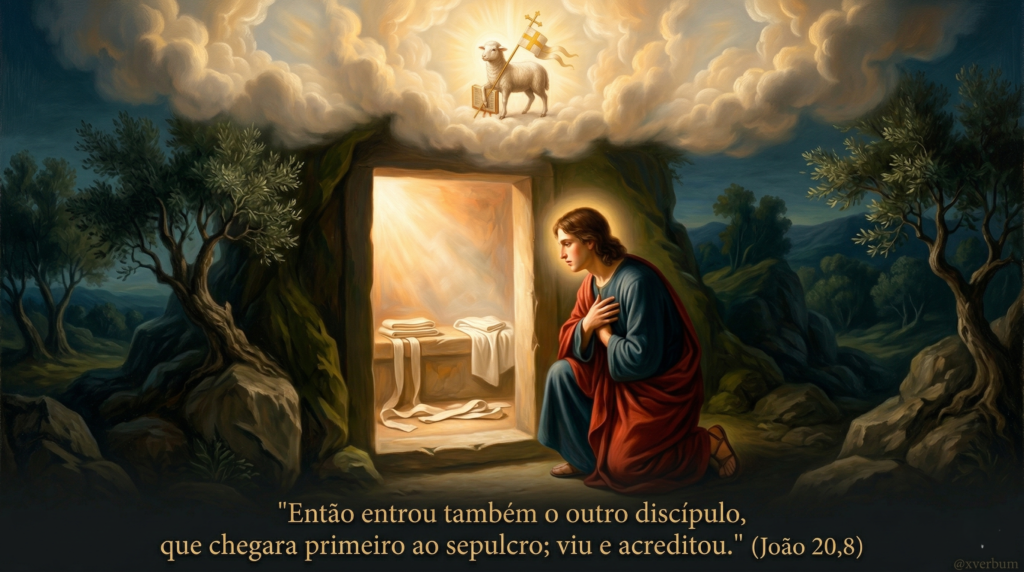 O discípulo amado olhando para o interior do túmulo vazio, com as faixas de linho e o sudário arrumados
